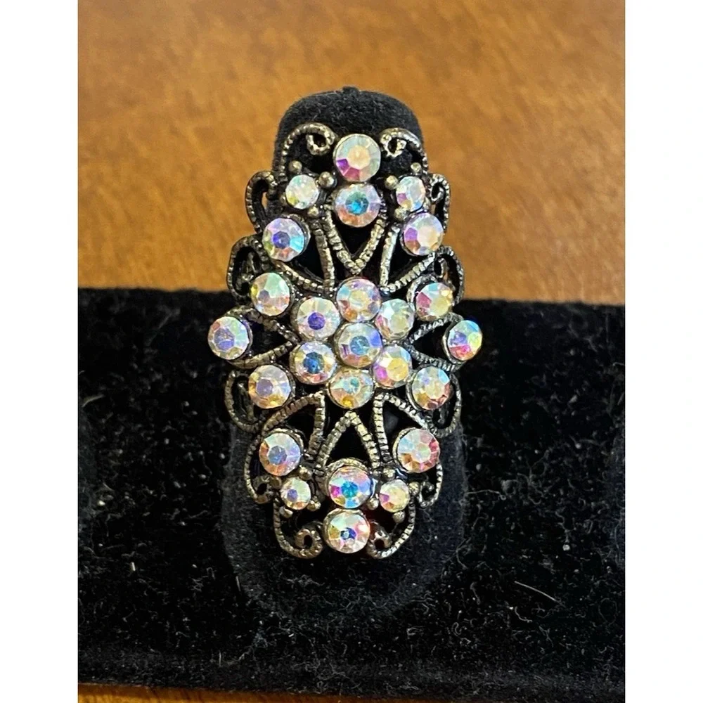 Aurora Borealis Rhinestone Oval Cluster Adjustable Vintage Ring 1.25 inches long